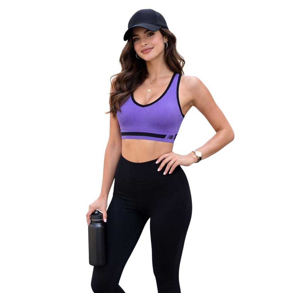 New Balance Seamless Medium Impact Sports Bra - Purple & Black Racerback Stretch